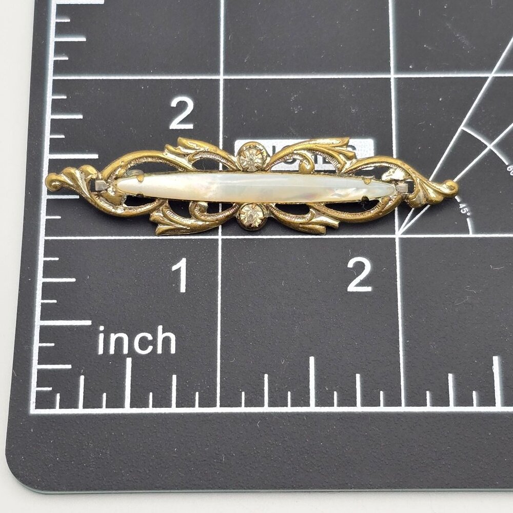 Antique Mother of Pearl Bar Brooch 2.5" Mixed Tone Metal & Paste Stones - Picture 6 of 6